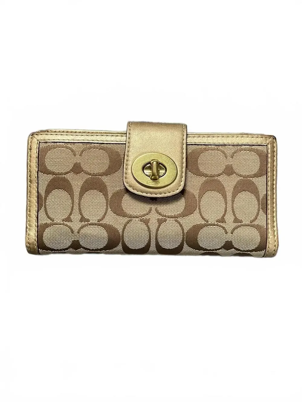 VTG Coach Khaki and Metallic Gold Signature Continental Wallet